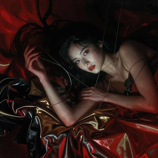 Photorealistic digital artwork of a pale-skinned, dark-haired woman with red lips, lying on red and gold satin sheets, surrounded by black threads