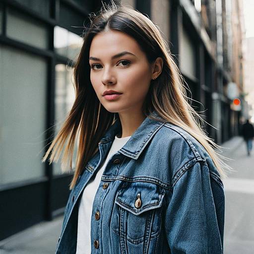 Young Woman in Denim Jacket with Textured Straight Hair