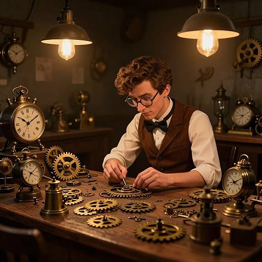 Photograph of a bespectacled, curly-haired man in vintage attire meticulously assembling gears on a wooden workbench in a dimly lit, ste