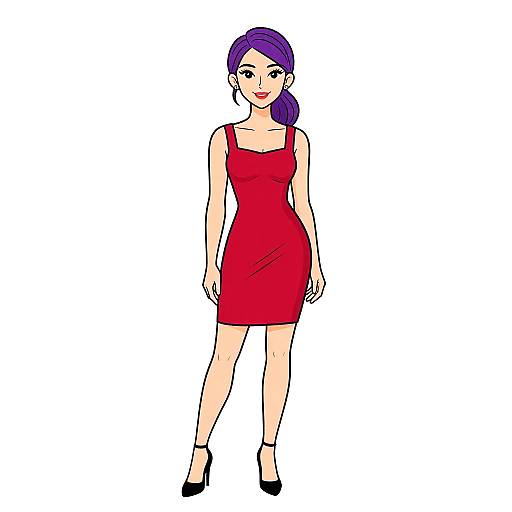 Digital illustration of a smiling woman with purple hair in a ponytail, wearing a red sleeveless dress and black heels, standing against a white background.