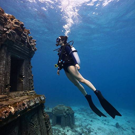 Scuba Woman Exploring Underwater Ruins