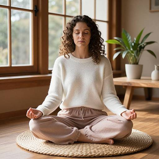 Photograph of a curly-haired woman with light skin, wearing a white knit sweater and pink pants, meditating cross-legged on a woven mat in a