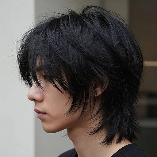 Close-up photograph of an Asian man with messy, black, medium-length hair covering his eyes, in profile, wearing a black shirt.