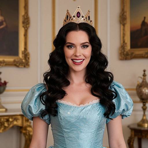Photograph of a smiling woman with long black wavy hair, wearing a gold crown, light blue satin dress with puffed sleeves, in an elegant