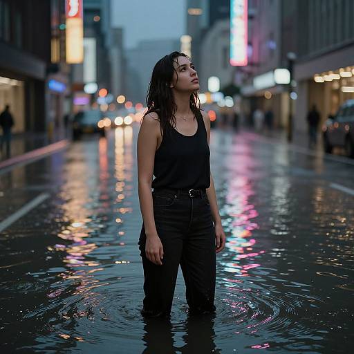Photograph of a wet, dark-haired woman in a black tank top and pants, standing in a flooded, neon-lit city street at dusk.