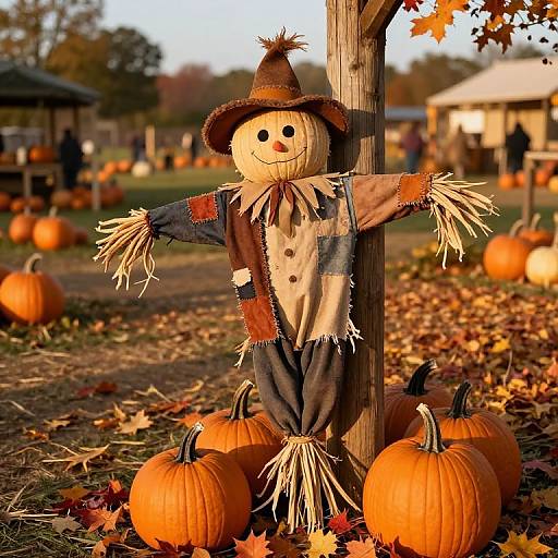 Scarecrow doll with straw arms and legs, wearing a brown hat and patchwork clothes, stands among bright orange pumpkins in an autumnal pumpkin