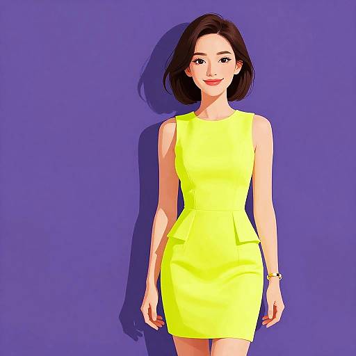 Digital illustration of a smiling woman with short black hair, wearing a bright yellow sleeveless dress, standing against a solid purple background.