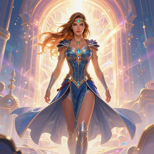 Digital art of a powerful, beautiful woman in a blue, armored dress with gold accents and a green gem, standing in a radiant, ornate arch