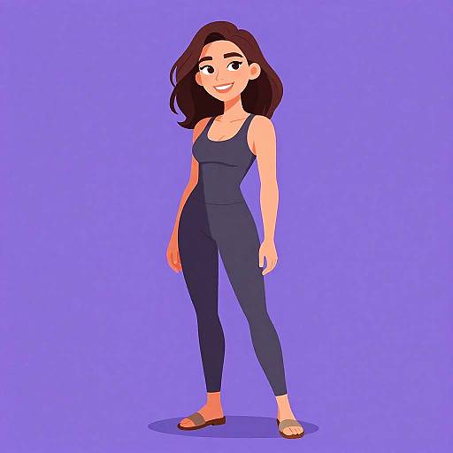 Digital illustration of a smiling woman with light brown skin, black shoulder-length hair, wearing a navy tank top and pants, and brown sandals, standing against