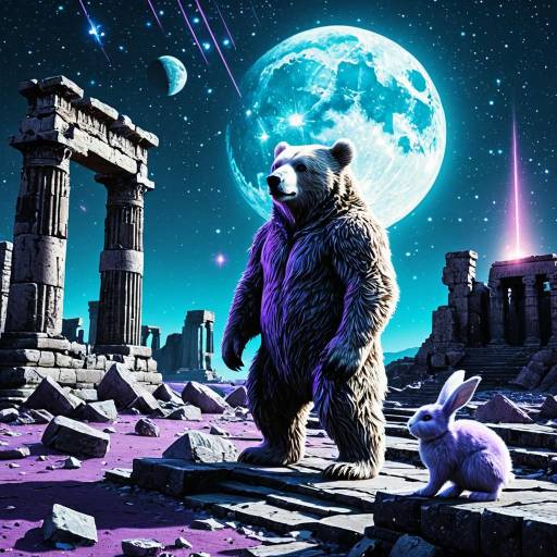 Lunar Bear and Glowing Rabbit on Europa Ruins