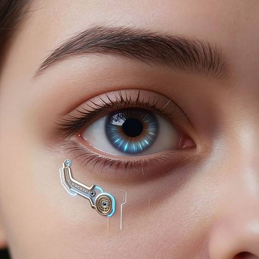 Close-up photograph of a person's eye with a blue iris, featuring a silver, circuit-like device attached to the lower eyelid.
