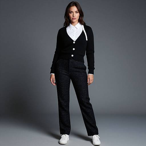 Photograph of a serious young woman with medium-length dark hair, wearing a black cardigan over a white collared shirt, black textured pants, and