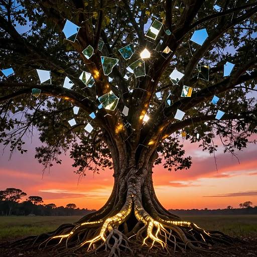 Photograph of a large, illuminated tree with glowing, geometric crystal-like ornaments hanging from its branches against a vibrant sunset sky.
