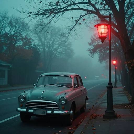 Photograph of a vintage car parked on a foggy street at dusk, illuminated by red street lamps, with bare trees lining the sidewalk.