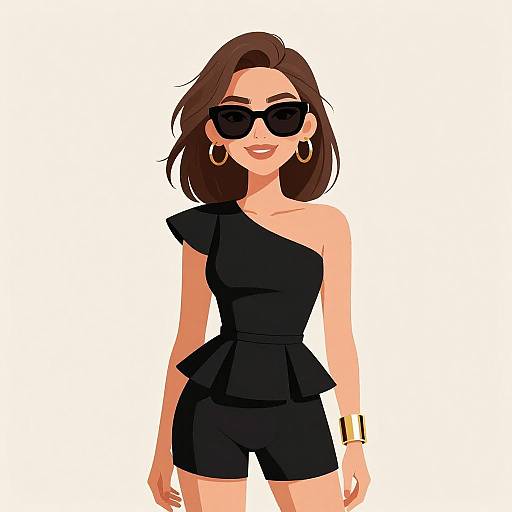 Digital illustration of a stylish woman with dark brown hair, wearing black one-shoulder top, shorts, large black sunglasses, gold hoop earrings, and