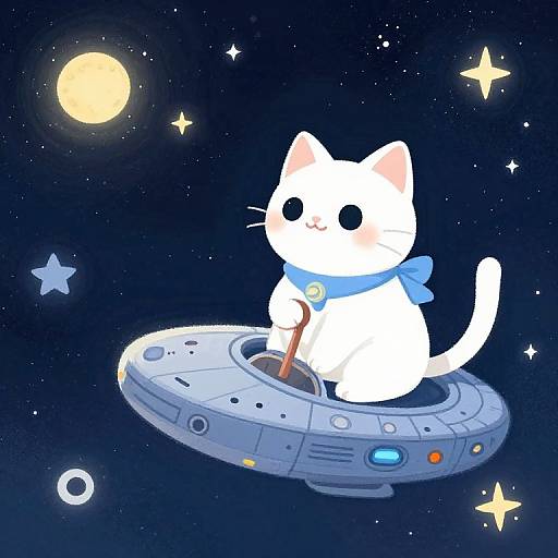 Cute white cartoon cat with blue scarf and stick, flying in a blue spaceship through a starry night sky. Digital art.