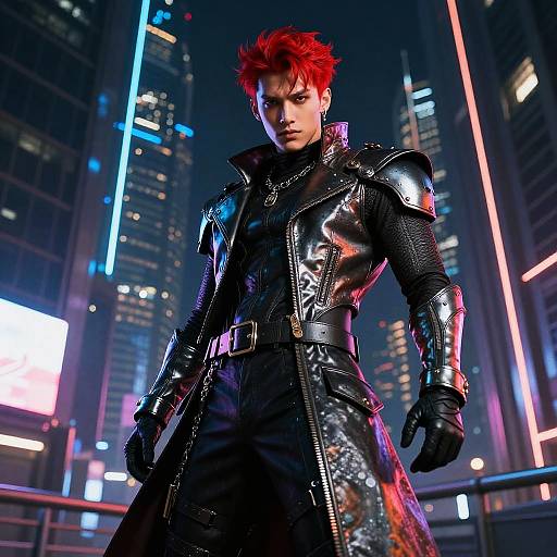 Photorealistic CGI of a red-haired man in a black, glossy, armored trench coat, standing confidently in a neon-lit, futuristic cityscape
