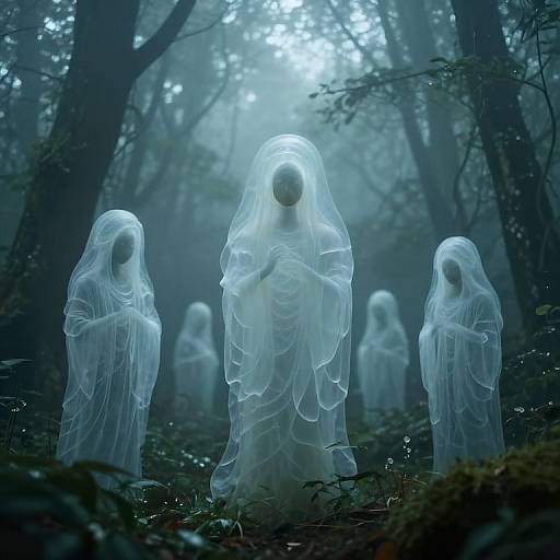 Photograph of ethereal, ghostly white figures with translucent veils, standing in a misty, blue-tinted forest, their faces obscured