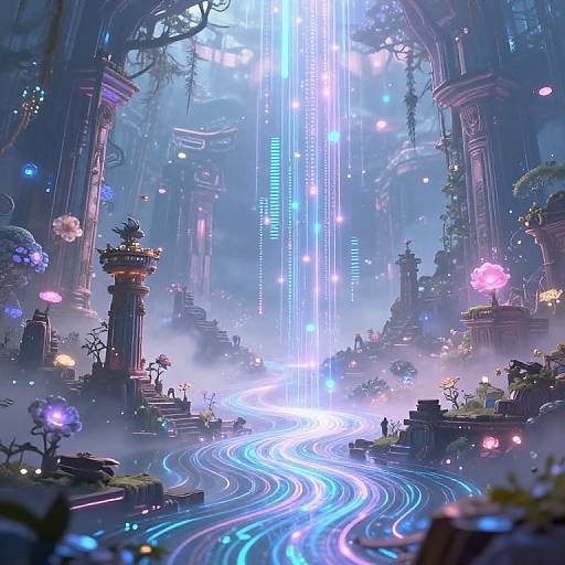 Digital fantasy artwork of a luminous, futuristic forest with glowing blue waterfall, winding light trails, ancient ruins, and vibrant neon plants.