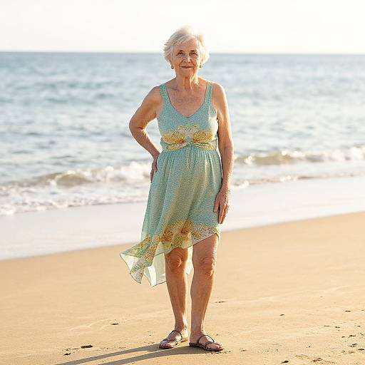 Photograph of an elderly white woman with short gray hair, wearing a light blue floral dress, standing on a sunny beach with gentle waves in the background