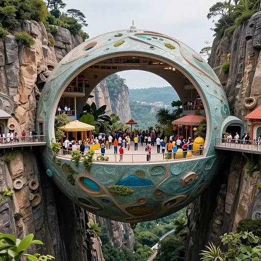 Photograph of a futuristic, circular, cliffside structure with colorful, patterned exterior, suspended between rocky cliffs, filled with people in vibrant clothing.