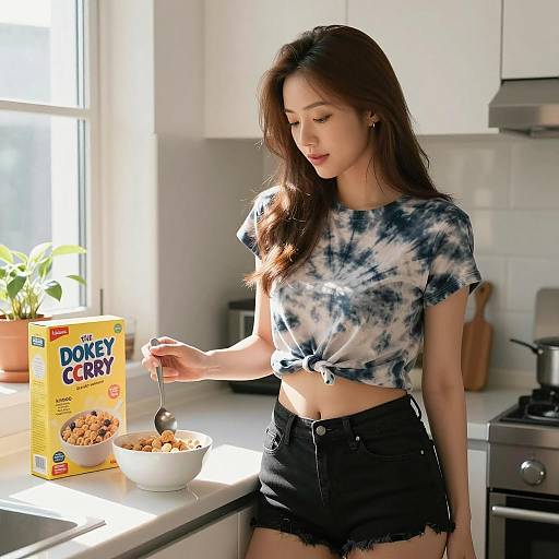 Asian Woman in Kitchen with Cereal