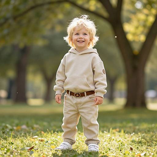 Photograph of a smiling blonde toddler in beige hoodie and pants, brown belt, white shoes, standing on sunny grass in park.