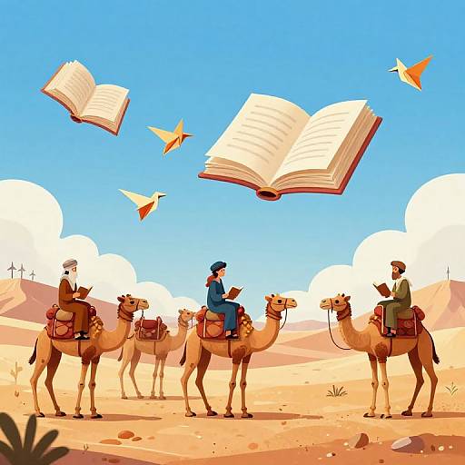 Digital illustration of four men in traditional attire riding camels in a desert, with floating open books and birds against a bright blue sky.