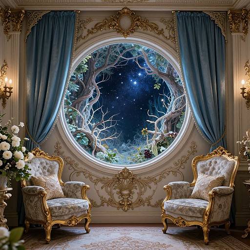Photograph of a luxurious room with ornate gold-accented armchairs, blue curtains, and a circular window showing a starry night sky