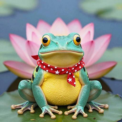Photograph of a vibrant green frog with yellow belly, wearing a red bandana with white stars, sitting on a lily pad with a pink lot