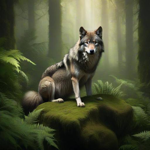 Serene Wolf Among Mossy Forest Rocks