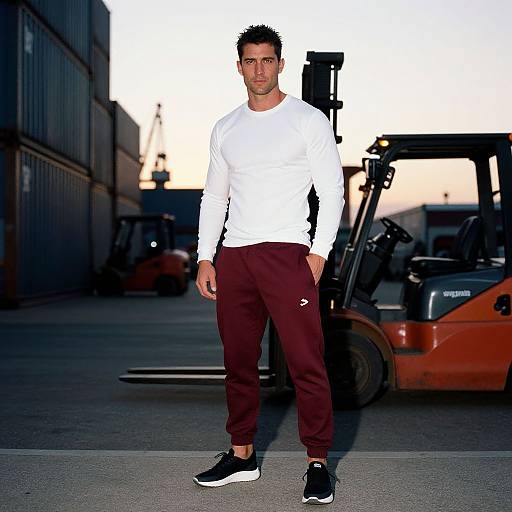 Photograph of a muscular man with short dark hair, wearing a white long-sleeve shirt, maroon sweatpants, and black sneakers, standing
