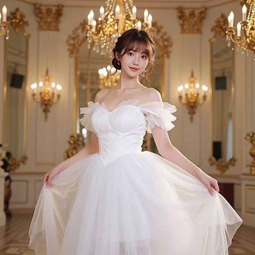 Photograph of a beautiful Asian woman in a glowing white off-shoulder wedding dress, standing in an ornate, gold-accented room with