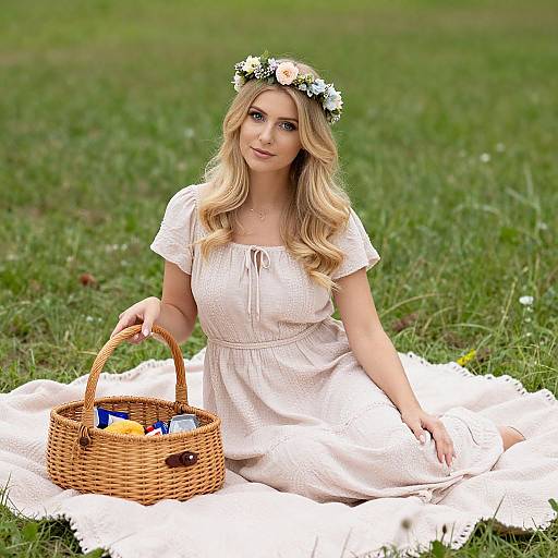 Blonde woman in white dress, flower crown, sitting on white blanket in grassy field, holding wicker basket with snacks. Photograph.