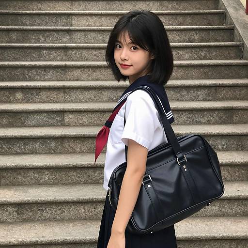 Asian Schoolgirl in Sailor Uniform on Steps