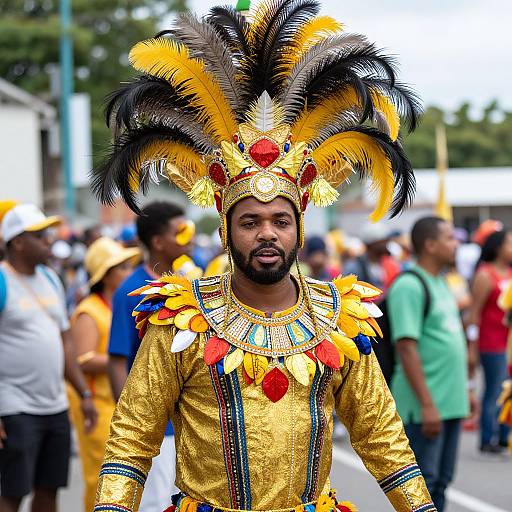 Photograph of a Black man in vibrant, golden Carnival costume with large feathered headdress, colorful bead necklace, and yellow shirt, standing amidst a