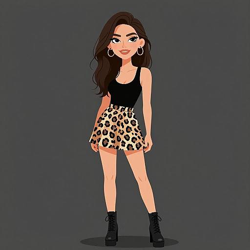 Digital illustration of a confident woman with long dark hair, wearing a black tank top, leopard print skirt, hoop earrings, and black boots, standing against