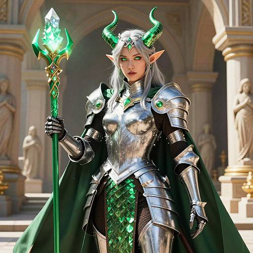 Digital art of a green-eyed, silver-haired elf woman with green horns, wearing shiny silver armor and a green cloak, holding a glowing green staff,