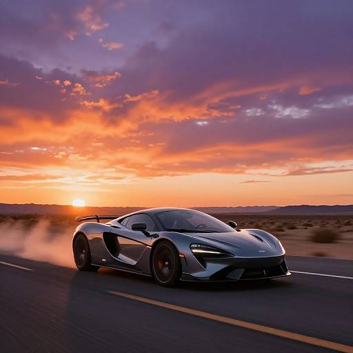 Photograph of a sleek, silver sports car driving on a desert road at sunset, with a vibrant orange and purple sky. Smoke trails behind the car