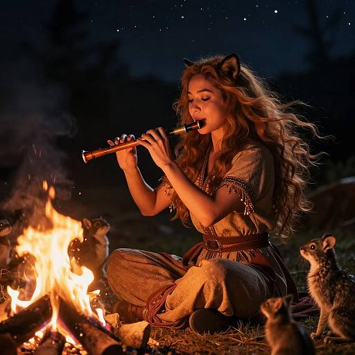 Photograph of a long-haired woman with cat ears, playing flute by a campfire, surrounded by chickens at night.