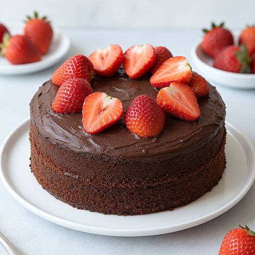 Photograph of a rich, chocolate-layered cake topped with fresh, vibrant red strawberries, on a white plate, with additional strawberries blurred in the background