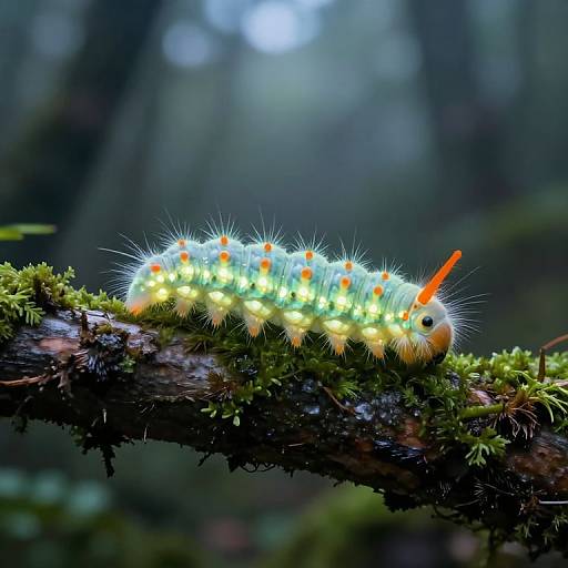 Photograph of a glowing, green, spiky caterpillar with orange and white spots, on a moss-covered branch in a forest.