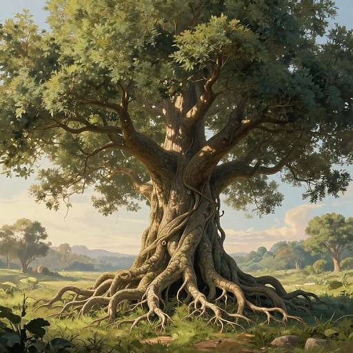 Photorealistic digital artwork of a massive, ancient tree with twisted, exposed roots, lush green leaves, and a sunny, rolling countryside background.
