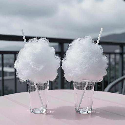 Two cups with white cotton candy on pink table