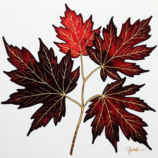Alcohol Ink Red and Gold Leaf Line Art