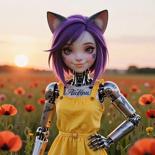 Purple Haired Cat Girl Robot in Yellow Dress