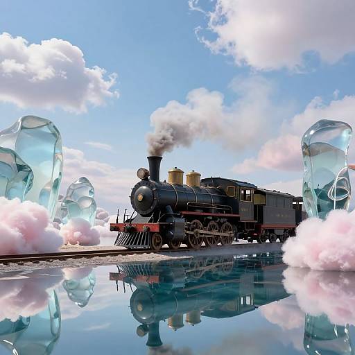 Digital artwork of a black steam locomotive with smoke, surrounded by glass-like crystals, reflected in a calm blue water surface under a bright sky with clouds