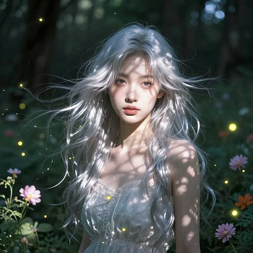 Digital artwork of an ethereal, silver-haired woman with glowing light patterns on her face, standing in a dark forest filled with glowing fireflies and colorful