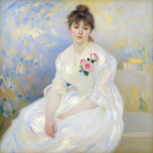 Impressionist painting of a fair-skinned woman with dark hair in an updo, wearing a white dress with pink roses, sitting gracefully against a