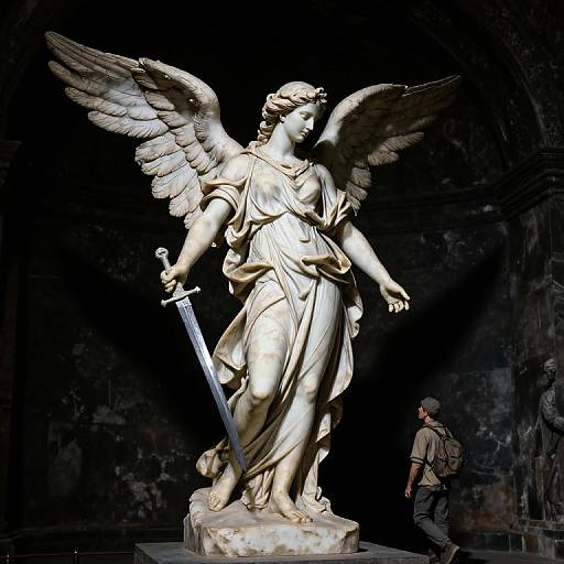 Photograph of a detailed marble statue of an angel with wings, holding a sword, illuminated against a dark, textured background; a man in casual clothes